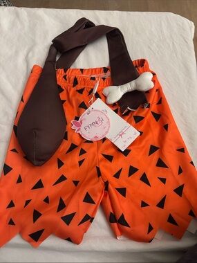 Caveman Orange Triangle Print costume Shorts with Brown Suspenders with stick